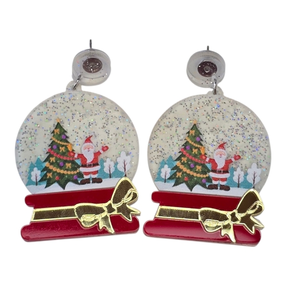 Santa Christmas Holiday Acrylic Round Snowglobe Earrings - Picture 1 of 3